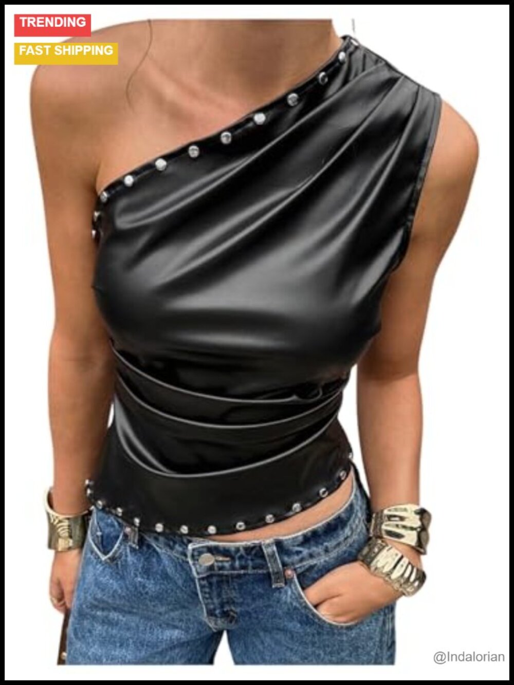 Faux Leather Studded One Shoulder Tank Top Y2K Gothic Punk Slim Fit